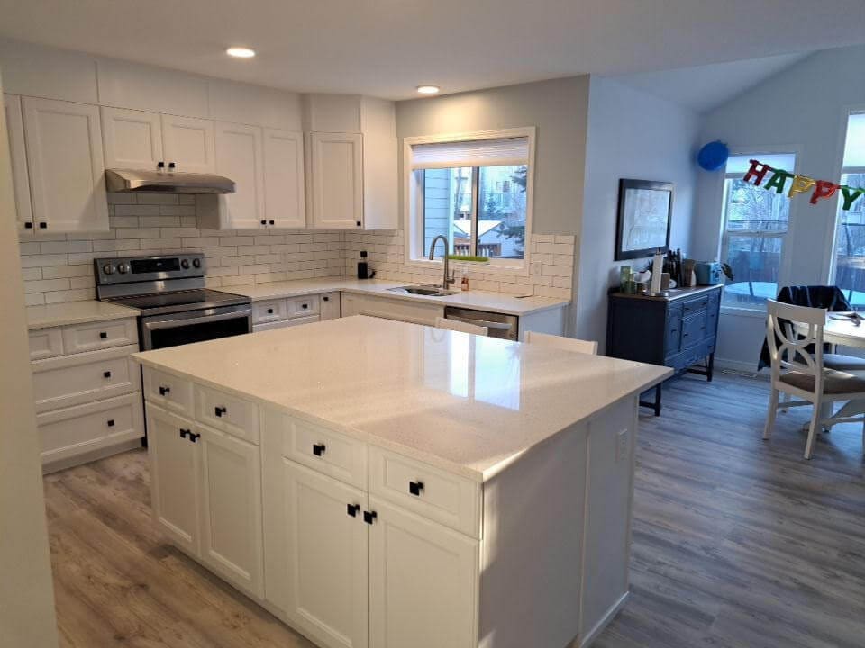 sleek modern white kitchen with black hardware